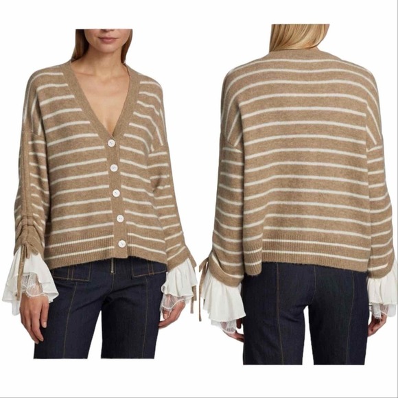 CINQ À SEPT Atlas Striped Wool Blend Cardigan Size Small Dark Oatmeal - Picture 8 of 12